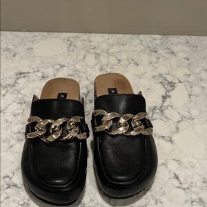 Aqua Black Mules with Gold Chain